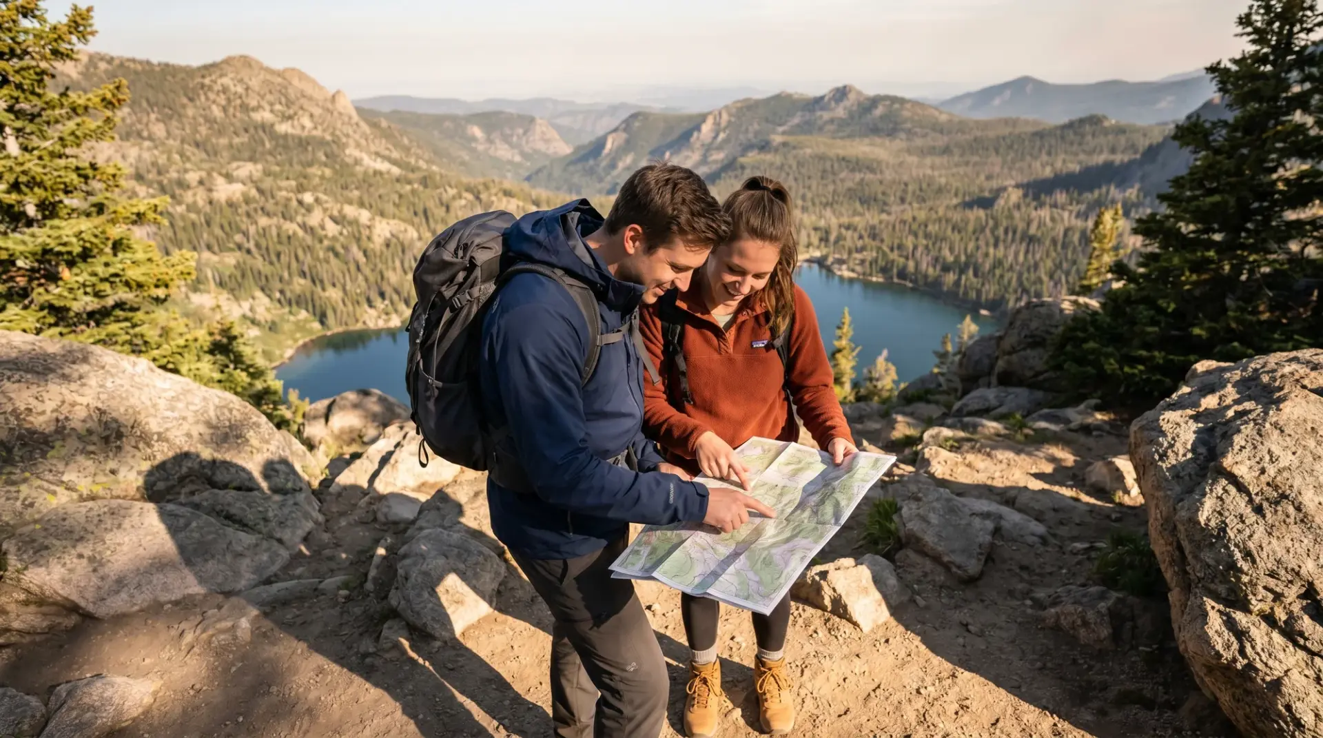 Two hikers consulting a trail map above alpine lakes and forested mountains