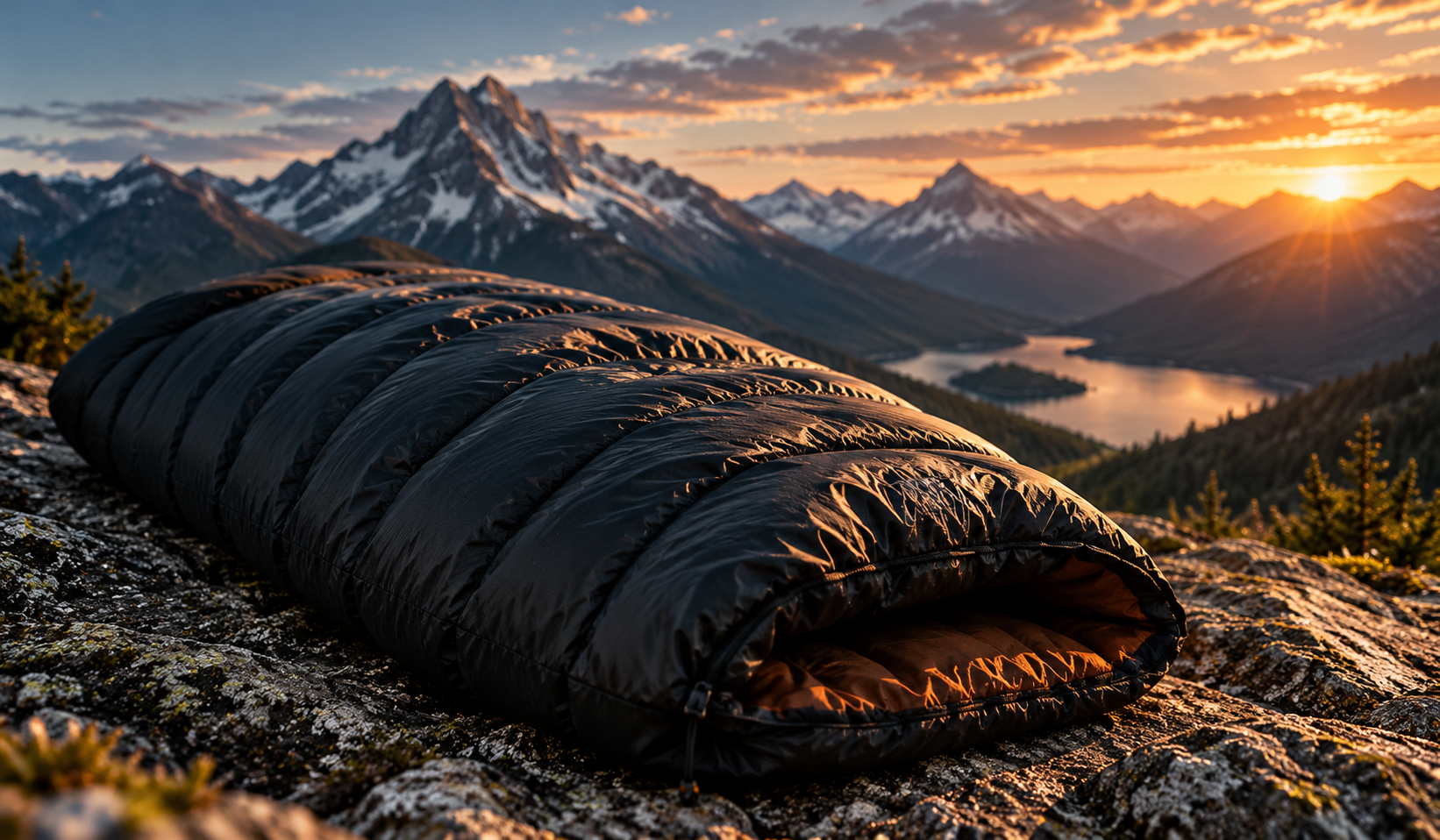Sleeping bag laid on a rock beside a lake surrounded by mountains