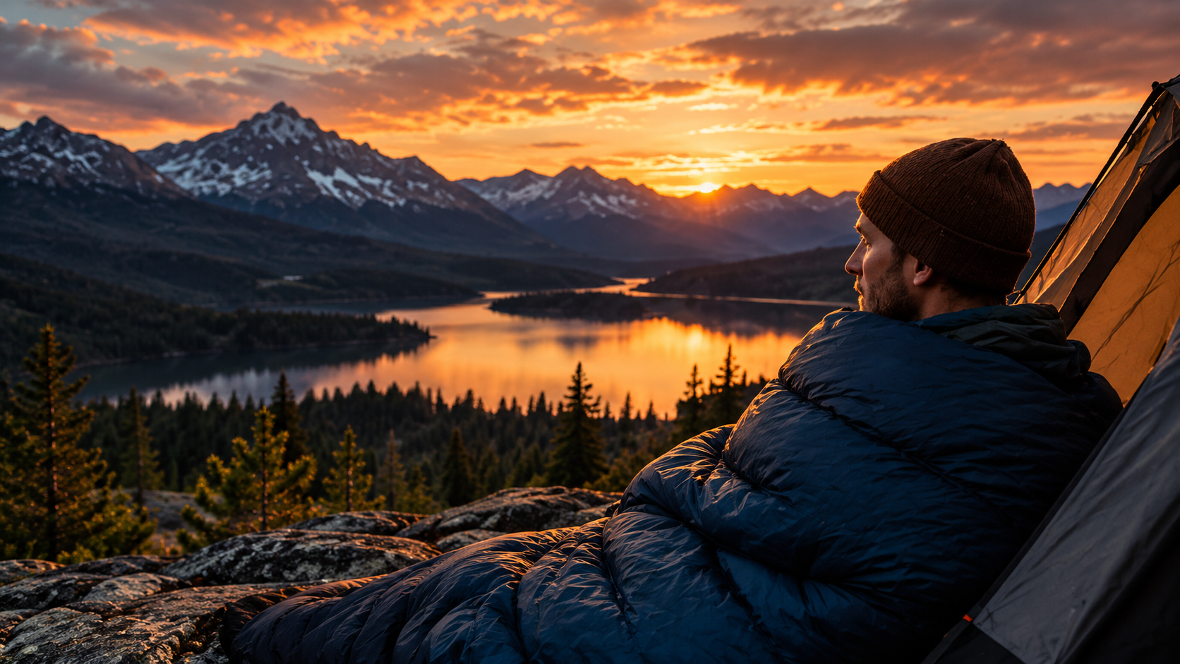 Camper wrapped in a blue sleeping bag beside a tent overlooking a mountain lake at sunset