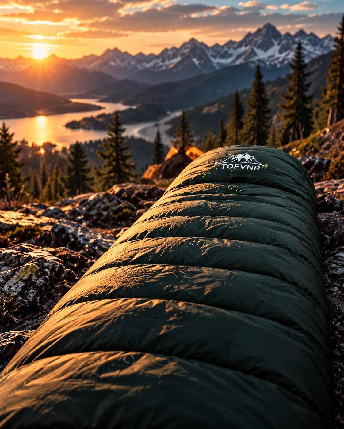 Dark sleeping bag resting on a rock overlooking a mountain lake at sunset